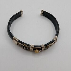 Black Leather Mixed Metal Cuff Bracelet with Tiger's Eye Stone Southwestern Boho